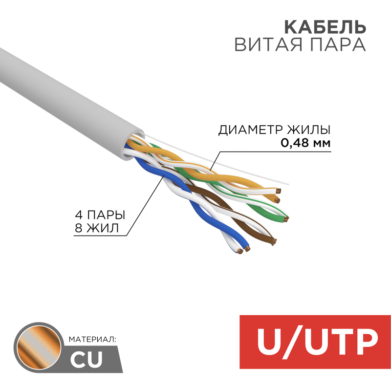 Кабель витая пара U/UTP, CAT 5e, ZH нг(А)-HF, 4PR, 24AWG, INDOOR, SOLID, серый, 305м REXANT LIGHT – купить оптом в Москве по ценам производителя