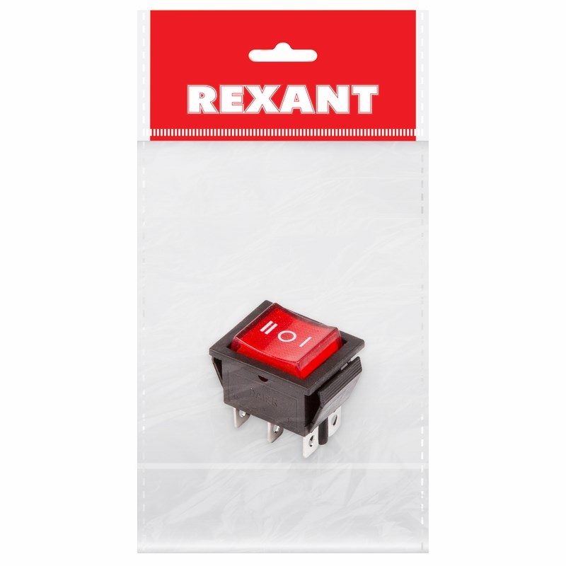 Выключатель клавишный 250V 15А (6с) ON-OFF-ON красный  с подсветкой и нейтралью (RWB-509, SC-767)  REXANT Индивидуальная упаковка 1 шт