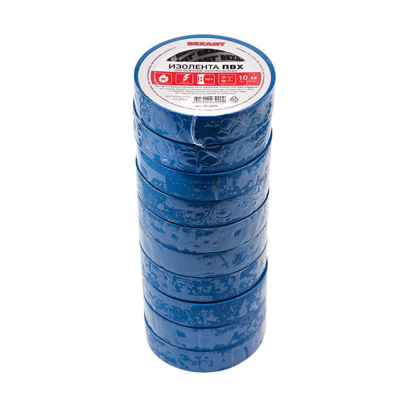 Изолента ПВХ REXANT 15 мм х 10 м, синяя, упаковка 10 роликов