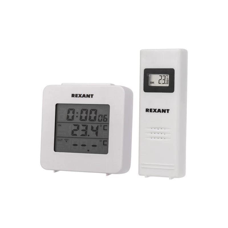 Термометр электронный с часами и беспроводным выносным датчиком REXANT .