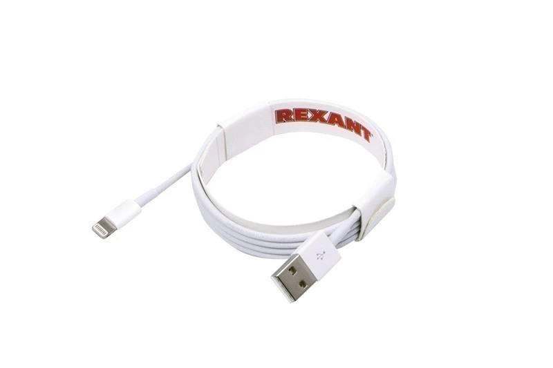 Кабель USB-A – Lightning для Apple, 2,4А, 1м, ПВХ, белый, оригинал (чип MFI) REXANT