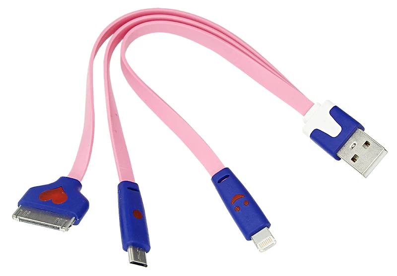 Кабель USB 3в1 Lightning, 30pin, micro USB, 1А, 0,15м, ПВХ, розовый, плоский, светящиеся разъемы REXANT