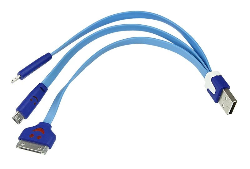 Кабель USB 3в1 Lightning, 30pin, micro USB, 1А, 0,15м, ПВХ, синий, плоский, светящиеся разъемы REXANT