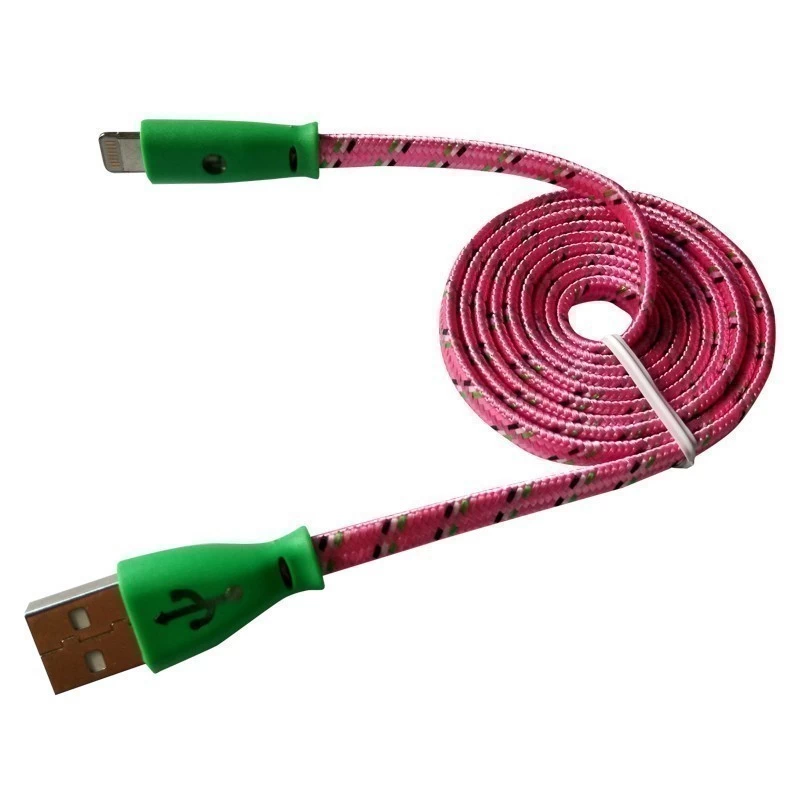 Кабель USB-A – Lightning для Apple, 1А, 1м, в розовой нейлоновой оплетке, плоский, светящиеся разъемы REXANT