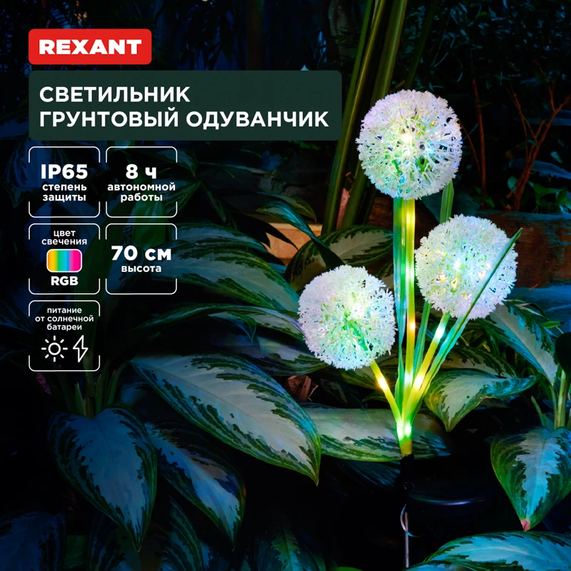 Светильник грунтовый Одуванчик, RGB, встроенный аккумулятор, солнечная ...
